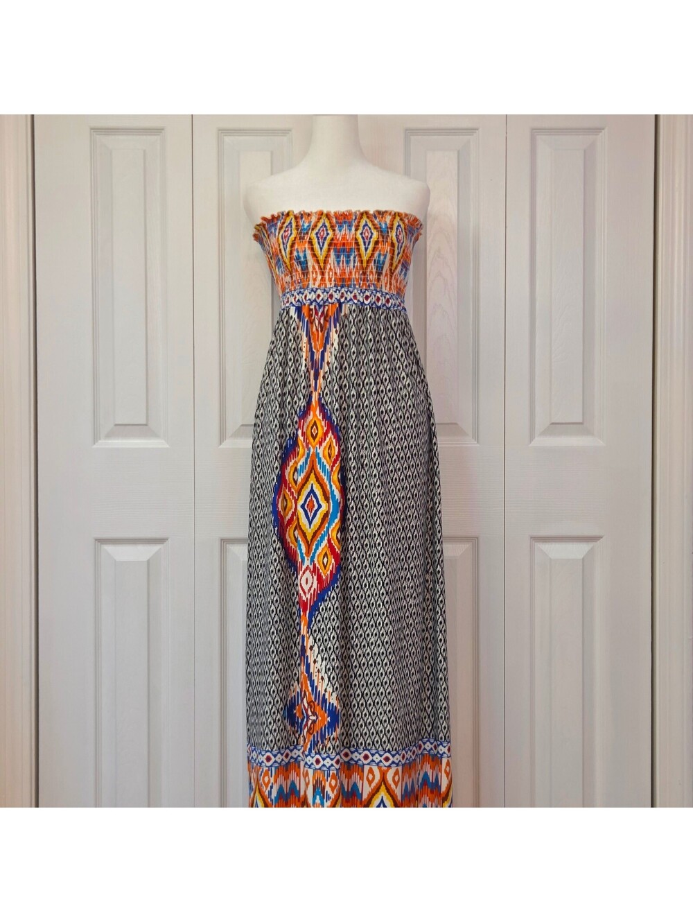 Geometric Ikat Tribal Print Strapless Tube Dress Boho Tropical Beach Cover Up